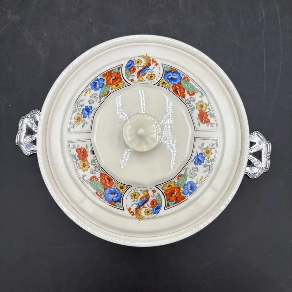 Vtg Hall China Forman Bros Round Casserole Dish Floral Birds Vented Lid Covered